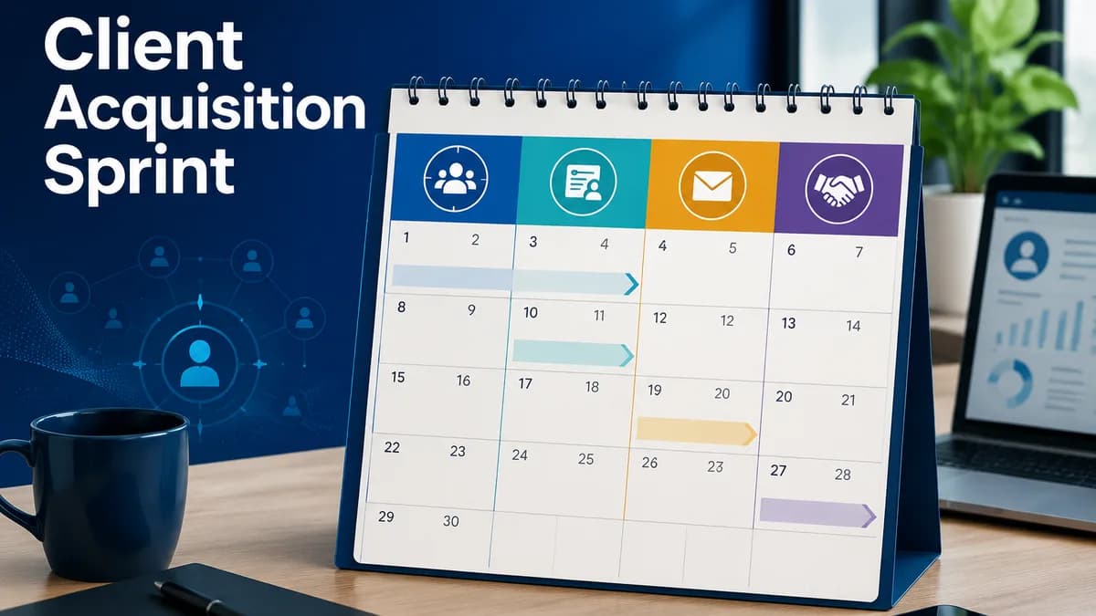 Step-by-step 30-day client acquisition sprint for recruiters. Build a predictable retained search pipeline with niche authority and MPC campaigns. Includes temp